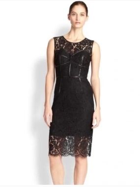 Milly Black Lace Sheath Leather Detail Cocktail Special Occasion Midi Dress